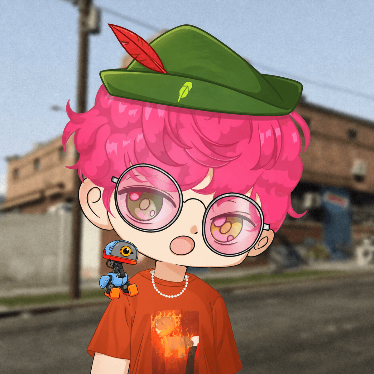 Ponsatori trait preview wearing a green Robinhood cap with a Microduck shoulder companion
